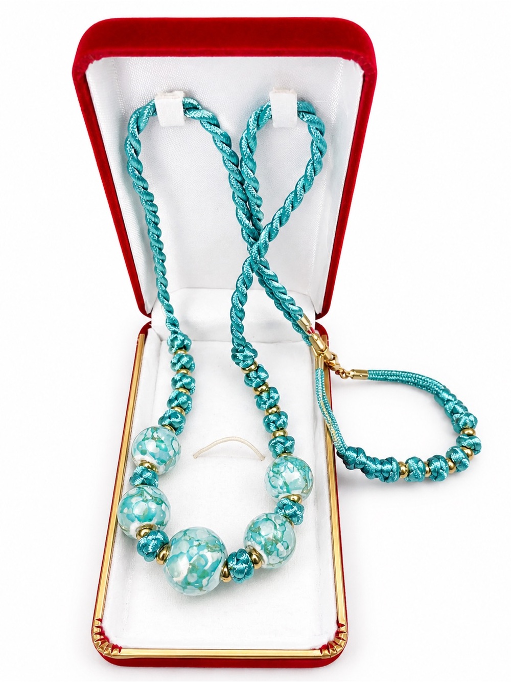 Teal Beaded Necklace & Bracelet Set – Statement Jewelry – Gold Tone